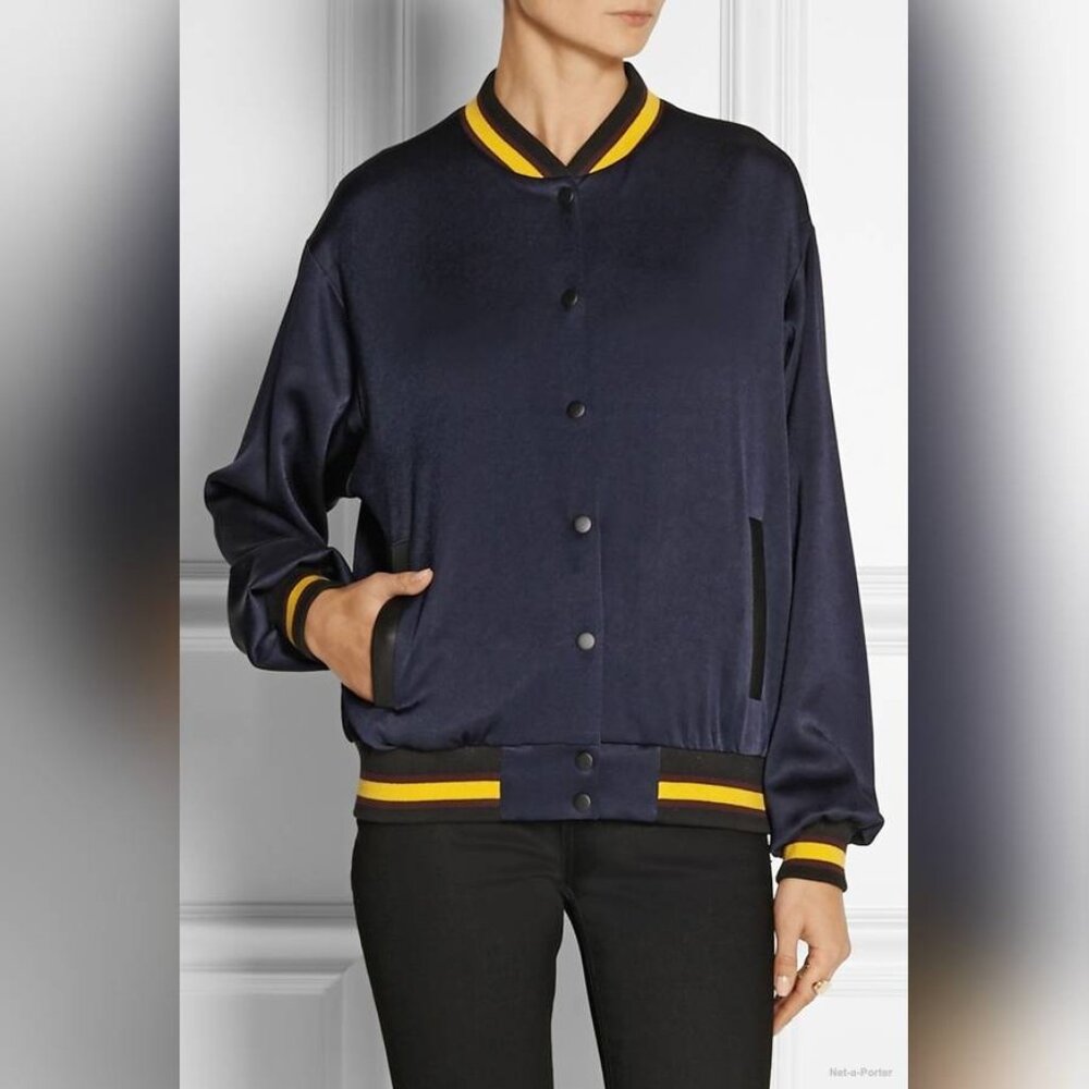 DKNY x Cara Delevingne Midnight Striped-Trim Varsity Jacket